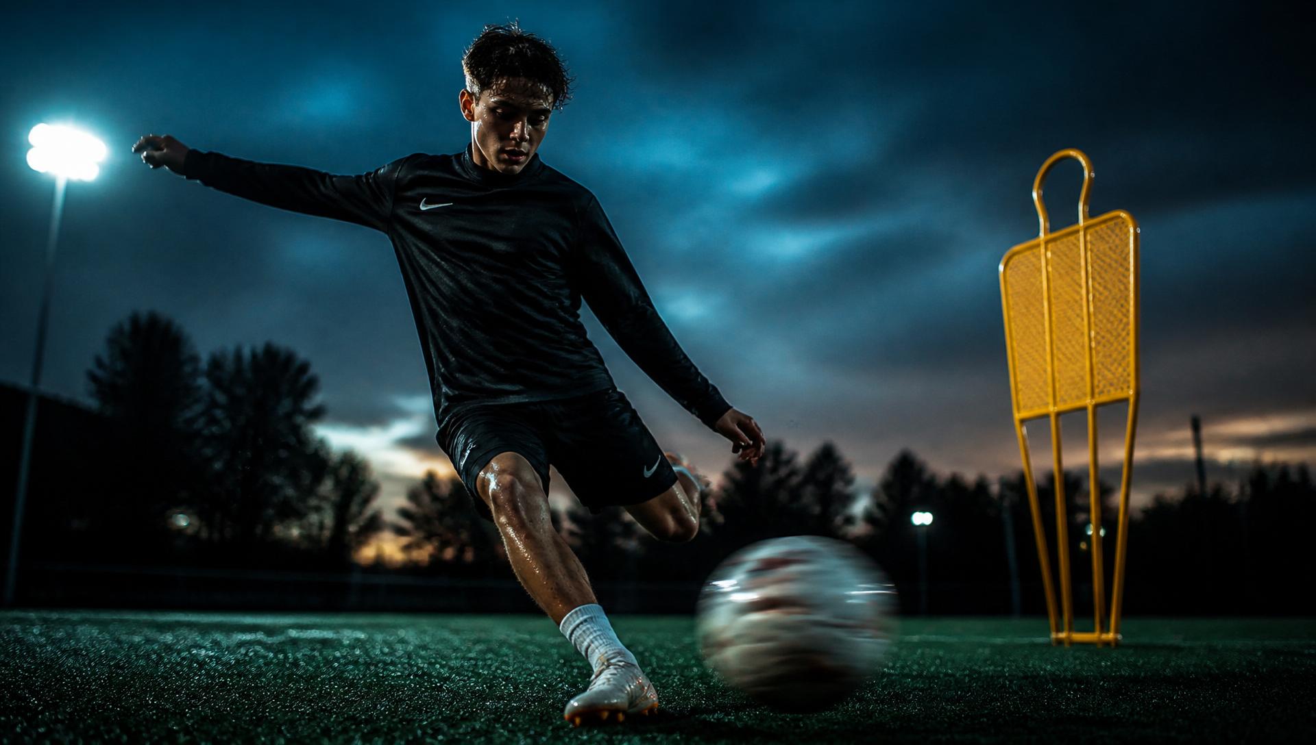 Footballer striking a ball on a floodlit pitch